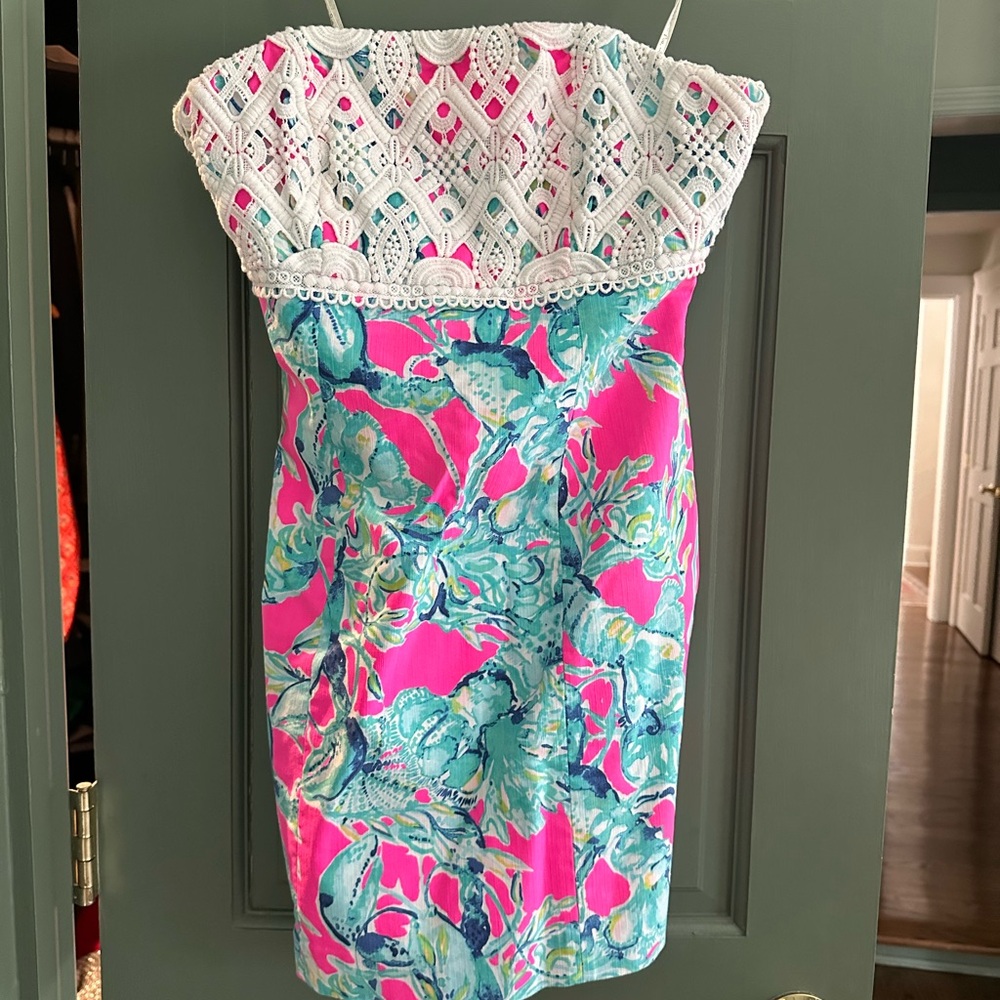 Lilly Pulitzer Brynn Dress raz berry pink and Blue Floral Strapless Dress